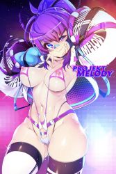 Rule 34 | 1girl, bad id, bad twitter id, bandaid, bandaid on face, bandaid on nose, blue eyes, blue nails, blush, breasts, covered erect nipples, groin, highres, indie virtual youtuber, large breasts, looking at viewer, melody (projektmelody), melody (projektmelody) (1st costume), nail polish, navel, one-piece swimsuit, purple hair, shiny skin, short hair, simple background, slingshot swimsuit, slugbox, solo, standing, strap gap, swimsuit, thighhighs, virtual youtuber, vshojo, white background, white one-piece swimsuit