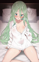 Rule 34 | 1girl, aqua eyes, bed, bed sheet, blush, breasts, buttons, cleavage, collarbone, collared shirt, green hair, hair between eyes, heart, highres, kantai collection, large breasts, long hair, long sleeves, open mouth, pillow, shirt, solo, suzuki toto, translation request, white shirt, yamakaze (kancolle)
