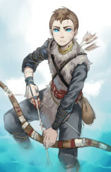 Rule 34 | 1boy, animification, arrow (projectile), atreus, bishounen, blue eyes, bow (weapon), bow and arrow hold, brown hair, closed mouth, cr72, facial scar, god of war, holding, holding weapon, looking at viewer, male focus, scar, scar on cheek, scar on face, short hair, solo, weapon