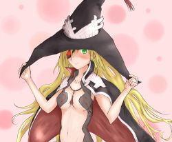 Rule 34 | 1girl, blonde hair, blush, breasts, cape, cleavage, green eyes, groin, hat, hat tug, jewelry, light smile, long hair, navel, necklace, othinus, pink background, sketch, solo, toaru majutsu no index, toaru majutsu no index: new testament, witch hat, yampoo