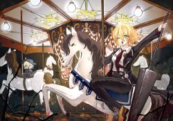 Rule 34 | 035nnn, 2girls, arm up, black coat, black pants, blonde hair, carousel, chibi, chibi inset, coat, collared shirt, don quixote (project moon), highres, holding, holding weapon, lance, limbus company, looking at viewer, multiple girls, necktie, one eye closed, open mouth, pants, polearm, project moon, red necktie, shirt, short hair, smile, weapon, white shirt, yellow eyes