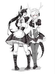 Rule 34 | 2girls, :d, alternate costume, animal ears, antlers, apron, bloomers, blush, boots, chinese commentary, collared dress, commentary request, corset, dragon tail, dress, elbow on another&#039;s shoulder, enmaided, full body, greyscale, hand on own cheek, hand on own face, hand up, highres, holding, holding tray, horns, horse ears, horse tail, kicchou yachie, kurokoma saki, long hair, looking at viewer, maid, maid headdress, medium hair, mingqian, monochrome, multiple girls, neck ribbon, open mouth, pantyhose, parted lips, puffy short sleeves, puffy sleeves, red eyes, ribbon, shoes, short sleeves, sideways glance, smile, standing, tail, touhou, tray, underwear, waist apron, wrist cuffs