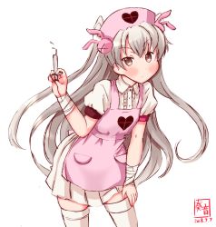 Rule 34 | 1girl, alternate costume, amatsukaze (kancolle), apron, artist logo, bandages, brown eyes, commentary request, cosplay, cowboy shot, dated, dress, hair ornament, hat, heart, highres, kanon (kurogane knights), kantai collection, long hair, look-alike, looking at viewer, natori sana, natori sana (cosplay), nurse, nurse cap, pink apron, pink hat, puffy short sleeves, puffy sleeves, rabbit hair ornament, sana channel, short sleeves, silver hair, simple background, solo, syringe, thighhighs, two side up, virtual youtuber, white background, white dress, white thighhighs