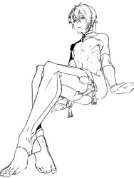 Rule 34 | 10s, 1boy, from below, full body, greyscale, male focus, mikazuki munechika, monochrome, nipples, personification, short hair, simple background, sitting, solo, thighhighs, topless male, touken ranbu, white background, zuwai kani