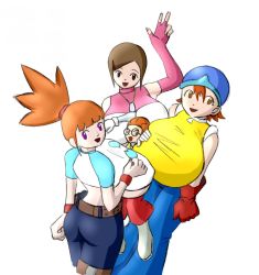 Rule 34 | 00s, 4girls, :d, alternate breast size, arm up, ass, back, beanie, belt, between breasts, blunt bangs, boots, breast smother, breasts, brown eyes, brown hair, covered erect nipples, crop top, crossover, digimon, digimon adventure, digimon adventure 02, digimon tamers, elbow gloves, face to breasts, fingerless gloves, glasses, gloves, grabbing, grabbing another&#039;s breast, hair between eyes, hair ornament, hairclip, hat, height difference, helmet, highres, huge breasts, inoue miyako, jewelry, lifted by breasts, long hair, looking at viewer, looking back, makino ruki, multiple girls, n647, necklace, open mouth, orange hair, pants, pink gloves, ponytail, purple eyes, raglan sleeves, scrunchie, shirt, short guy, short hair, short sleeves, simple background, size difference, sleeveless, sleeveless shirt, sleeveless turtleneck, smile, spiked hair, standing, swept bangs, t-shirt, takenouchi sora, taut clothes, taut shirt, thigh strap, towering, turtleneck, underboob, waving, white background, wristband, yagami hikari