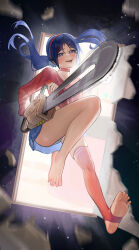 1girl absurdres blue_eyes blue_hair blue_skirt chainsaw commentary_request crazy_mita_(miside) fangs floating_hair highres holding holding_chainsaw li_yu_liyu long_hair looking_at_viewer low_twintails miniskirt miside mita_(miside) no_shoes open_mouth panties pleated_skirt red_shirt red_thighhighs shirt single_bare_foot single_thighhigh skirt smile solo stirrup_legwear striped_clothes striped_panties thighhighs toeless_legwear toes twintails underwear yandere