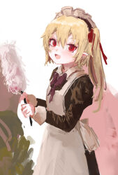 Rule 34 | 1girl, :d, alternate costume, apron, blonde hair, cowboy shot, duster, enmaided, fang, flandre scarlet, hair between eyes, happy, highres, holding, holding duster, juliet sleeves, long sleeves, looking at viewer, maid, no wings, one side up, open mouth, pointy ears, puffy sleeves, red eyes, reddizen, short hair with long locks, simple background, skin fang, smile, solo, touhou, white apron, white background