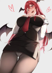 Rule 34 | 1girl, :d, absurdres, arms up, bat wings, blush, breasts, from below, grey background, hand on own chest, hand up, head wings, heart, heart-shaped pupils, highres, koakuma, large breasts, long hair, long sleeves, looking at viewer, nagomian, necktie, open mouth, panties, panties under pantyhose, pantyhose, perspective, red eyes, red hair, simple background, skirt, smile, solo, symbol-shaped pupils, touhou, underwear, upskirt, wings