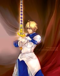 Rule 34 | 1boy, armor, arthur pendragon (fate), bad id, bad pixiv id, blonde hair, curtains, excalibur (fate/prototype), exec-rain, fate/prototype, fate (series), gauntlets, green eyes, highres, male focus, solo, sword, weapon