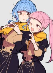Rule 34 | 2girls, :o, ;d, bags under eyes, blue hair, blunt bangs, blush, braid, breasts, brown eyes, commentary, cowboy shot, crown braid, do m kaeru, female focus, fire emblem, fire emblem: three houses, garreg mach monastery uniform, grey background, hilda valentine goneril, large breasts, light blue hair, long hair, looking at another, marianne von edmund, matching hair/eyes, medium breasts, medium hair, multiple girls, nintendo, one eye closed, open mouth, orange scarf, pink eyes, pink hair, scarf, shared clothes, shared scarf, sidelocks, simple background, smile, steepled fingers, twintails, wink
