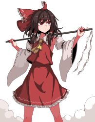 Rule 34 | 1girl, ascot, bow, brown hair, detached sleeves, dress, formicid, frilled hair tubes, frills, gohei, hair bow, hair tubes, hakurei reimu, highres, holding, holding gohei, red bow, red dress, red eyes, red skirt, ribbon-trimmed sleeves, ribbon trim, skirt, skirt set, solo, standing, touhou, white background, yellow ascot