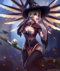 Rule 34 | 1girl, artist name, blonde hair, blue eyes, blurry, blurry background, book, breasts, brooch, broom, broom riding, brown gloves, brown hat, brown thighhighs, capelet, cleavage, commentary, cowboy shot, dress, earrings, elbow gloves, eyelashes, flying, full moon, gloves, halloween, halloween costume, hand on own ear, hands up, hat, hat belt, highres, jewelry, looking at viewer, mechanical wings, medium breasts, mercy (overwatch), moon, night, night sky, nose, official alternate costume, orange wings, outdoors, overwatch, overwatch 1, pachimari, parted lips, patreon username, pelvic curtain, pink lips, polkin, short hair, short sleeves, sidesaddle, sitting, sky, smile, solo, spread wings, teeth, thighhighs, tumblr username, watermark, web address, wings, witch, witch hat, witch mercy
