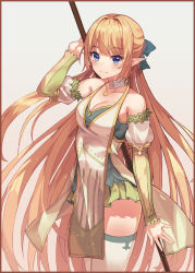 Rule 34 | 1girl, absurdly long hair, absurdres, arm up, bare shoulders, blonde hair, blue eyes, blush, bow, breasts, choker, cleavage, closed mouth, collarbone, detached sleeves, dress, elf, green bow, hair bow, highres, large breasts, long hair, looking at viewer, original, pointy ears, resolution mismatch, seemu (wnslqjdignv ), smile, solo, source smaller, thighhighs, very long hair, white dress, white thighhighs