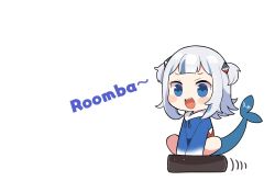 Rule 34 | 1girl, blue eyes, blue hair, blue hoodie, blush, blush stickers, chibi, commentary, english commentary, english text, fins, fish tail, full body, gawr gura, highres, hololive, hololive english, hood, hoodie, looking at viewer, medium hair, motion lines, multicolored hair, open mouth, robotic vacuum cleaner, shark tail, sharp teeth, short twintails, silver hair, simple background, smile, solo, streaked hair, tail, teeth, totora, twintails, two-tone hair, two side up, virtual youtuber, white background