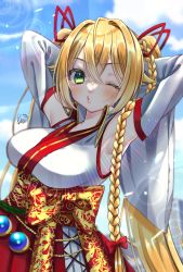 Rule 34 | .live, armpits, arms up, blonde hair, blush, braid, breasts, cloud, commentary request, detached sleeves, green eyes, hair between eyes, hair ornament, highres, koiro iro, kongou iroha, large breasts, lens flare, long braid, looking at viewer, nontraditional miko, one eye closed, sky, virtual youtuber