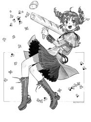 Rule 34 | 1girl, ahoge, artist name, baguette, boots, bread, commentary, cross-laced footwear, drill hair, floating hair, flower, flower (symbol), food, food-themed weapon, frilled skirt, frills, from side, full body, goldenriver8, greyscale, highres, holding, holding rocket launcher, holding weapon, jacket, kasane teto, kasane teto (sv), knee boots, layered skirt, long sleeves, looking at viewer, looking to the side, medium hair, monochrome, open mouth, rocket launcher, shoulder strap, sidelocks, skirt, sleeve cuffs, smile, solo, synthesizer v, twin drills, uniform, utau, v-shaped eyebrows, weapon