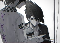 Rule 34 | 2boys, blood, blood bag, checkered clothes, checkered scarf, closed mouth, collarbone, danganronpa (series), danganronpa v3: killing harmony, facial hair, goatee, hair between eyes, highres, holding, holding scepter, iumi urura, jacket, long sleeves, looking at another, male focus, momota kaito, multiple boys, open clothes, open jacket, oma kokichi, scarf, scepter, shirt, short hair, smile, spiked hair