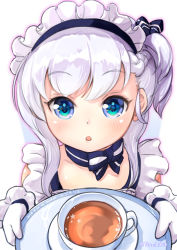 Rule 34 | 1girl, :o, azur lane, belfast (azur lane), black ribbon, blue bow, blue eyes, blush, bow, braid, collarbone, commentary request, cup, hair ribbon, highres, holding, holding tray, long hair, looking at viewer, maid, maid headdress, one side up, parted lips, ribbon, saucer, sidelocks, silver hair, simple background, solo, striped, striped bow, tea, teacup, tray, tsuzuki rie, twitter username, white background, aged down