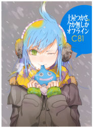Rule 34 | 1girl, absurdres, blonde hair, blue hair, character request, coat, dragon quest, earmuffs, eating, fuyuno haruaki, grey background, highres, multicolored hair, scan, scarf, short hair, slime (dragon quest), snow, wince, wink, winter