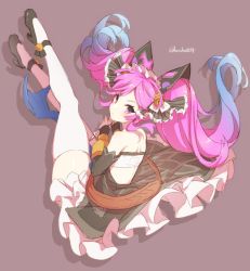 Rule 34 | 1girl, bare shoulders, blue hair, brown background, cleo (dragalia lost), detached sleeves, dragalia lost, dress, frills, hair ornament, high heels, looking back, nintendo, pink eyes, pink hair, simple background, solo, thighhighs, thighs, twintails, uruha (yw1109)