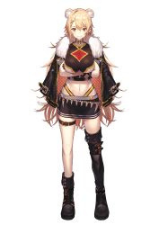 Rule 34 | animal ear fluff, animal ears, arms under breasts, black footwear, black jacket, black skirt, boots, breasts, crop top, crossed arms, fur trim, highres, jacket, jacket on shoulders, large breasts, long hair, midriff, nakanishi tatsuya, navel, necklace, official art, orange eyes, panties, shinonome ito, single thigh boot, skirt, smile, thigh boots, thigh strap, thighhighs, thong, tooth necklace, underwear, very long hair, virtual youtuber, wactor production, white background, yellow panties