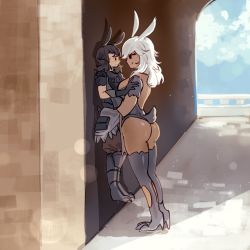Rule 34 | 1boy, 1girl, :d, against wall, animal ears, armor, armored leotard, ass, assertive female, warrior of light (ff14), black hair, blush, cloud, cloudy sky, dark-skinned female, dark skin, femdom, fenrishion, final fantasy, final fantasy xiv, full body, gloves, height difference, high heels, highres, huge ass, licking lips, lifting person, long hair, looking at another, medium hair, meme, naughty face, open mouth, outdoors, pinned, rabbit ears, rabbit girl, rabbit tail, sky, smile, tail, tall female, thighhighs, tongue, tongue out, viera, white hair