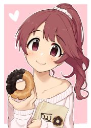 Rule 34 | 1girl, bad id, bad twitter id, bag, blush, border, brown eyes, brown hair, commentary request, doughnut, food, heart, highres, idolmaster, idolmaster cinderella girls, long hair, looking at viewer, off-shoulder, off-shoulder sweater, off shoulder, omaru gyuunyuu, paper bag, pink background, ponytail, scrunchie, shiina noriko, smile, solo, sweater, swept bangs, twitter username, white border, white sweater