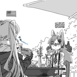 Rule 34 | 2girls, american flag, animal ears, cat ears, commentary request, cup, drinking, eating, flower, food, french fries, girls&#039; frontline, gloves, burger, headset, highres, holding, holding food, idw (girls&#039; frontline), long hair, lwmmg (girls&#039; frontline), monochrome, multiple girls, necktie, staring, su xiao jei, suspenders, tea, teacup, twintails, union jack