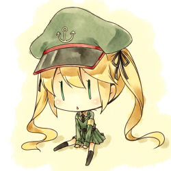 Rule 34 | 10s, 1girl, 3.7cm flak m42, blonde hair, fairy (kancolle), green eyes, hat, kantai collection, kouji (campus life), long hair, military, military uniform, solo, twintails, uniform