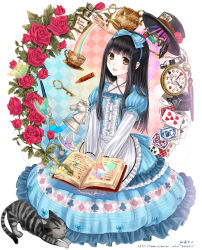 Rule 34 | 1girl, alice (alice in wonderland), alice in wonderland, apron, argyle, argyle background, argyle clothes, artist name, black hair, blue dress, blush, book, bow, brown eyes, bug, butterfly, card, cat, center frills, chess piece, clubs, crayon, cup, diamond (shape), dress, english text, flower, frills, hair bow, halterneck, hat, heart, holding, holding book, insect, kazuharu kina, key, lolita fashion, md5 mismatch, original, pencil, playing card, pocket watch, rainbow, red flower, red rose, rook (chess), rose, sitting, smile, solo, spade, teacup, teapot, watch, watermark, web address