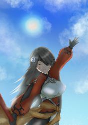 Rule 34 | 1girl, ainu clothes, aquaplus, arm above head, arm up, blue sky, breasts, cloud, cloudy sky, covered erect nipples, cowboy shot, eyepatch, facial scar, grey hair, hair over one eye, highres, juuni (utawarerumono: lost flag), large breasts, long hair, long sleeves, messy hair, musyokusunege, one eye closed, open mouth, outdoors, raised eyebrows, scar, scar on cheek, scar on face, scar on nose, sidelocks, sky, solo, standing, sun, sunlight, utawarerumono, utawarerumono: lost flag, very long hair, waving