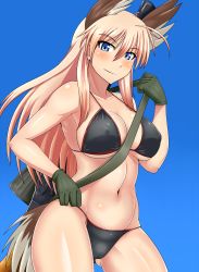 Rule 34 | 1girl, armpits, bikini, bird tail, blonde hair, blue eyes, blush, breasts, cameltoe, covered erect nipples, gloves, gun, gun sling, hanna-justina marseille, head wings, highres, kunashiri (etorofu), large breasts, long hair, looking at viewer, navel, smile, solo, standing, strike witches, swimsuit, tail, weapon, weapon request, wings, world witches series