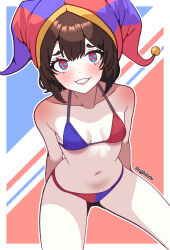 Rule 34 | 1girl, arm behind leg, bikini, blush, breasts, brown hair, cleavage, cropped legs, hat, highres, jester cap, looking at viewer, midriff, multicolored eyes, navel, pale skin, parted lips, pomni (the amazing digital circus), signature, simple background, sleepyyetawake, small breasts, smile, solo, swimsuit, teeth, the amazing digital circus