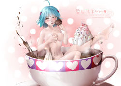 Rule 34 | 1girl, ahoge, anklet, bad id, bad pixiv id, barefoot, blue hair, breasts, candy, chocolate, chocolate heart, covering privates, feet, food, hair ornament, hairpin, heart, highres, hot chocolate, ice cream, jewelry, kawacy, legs, navel, nude, original, red eyes, short hair, sitting, solo, valentine