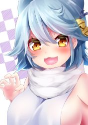 Rule 34 | 1girl, :3, animal ears, azur lane, bell, blue hair, breasts, checkered background, close-up, curled fingers, fox ears, fubuki (azur lane), hair bell, hair ornament, highres, jingle bell, looking at viewer, medium breasts, open mouth, scarf, short hair, smile, solo, touwa iyo, upper body, white scarf, yellow eyes