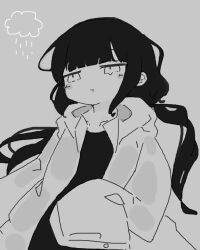Rule 34 | 1girl, blunt bangs, blush stickers, closed mouth, coat, collarbone, commentary, doodles, dot pupils, grey background, greyscale, hood, hood down, jitome, long hair, long sleeves, monochrome, nukunuku nigirimeshi (style), open clothes, open coat, osage (nukunuku nigirimeshi), pout, raincoat, sazai z, sidelocks, simple background, sleeves past fingers, sleeves past wrists, solo, teardrop, twintails, upper body, vocaloid