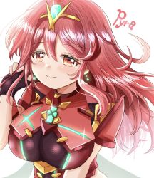 Rule 34 | 1girl, alternate hair length, alternate hairstyle, amahime kaichou, black gloves, breasts, chest jewel, earrings, fingerless gloves, gem, gloves, headpiece, highres, jewelry, large breasts, long hair, pyra (xenoblade), red eyes, red hair, solo, swept bangs, tiara, xenoblade chronicles (series), xenoblade chronicles 2