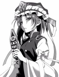 Rule 34 | 1girl, asymmetrical hair, balance scale, bow, buttons, epaulettes, eyebrows hidden by hair, frilled hat, frills, greyscale, hat, highres, holding, juliet sleeves, long sleeves, looking at viewer, medium hair, monochrome, open mouth, puffy sleeves, rod of remorse, shiki eiki, simple background, solo, touhou, upper body, vest, weighing scale, yoshinatsu