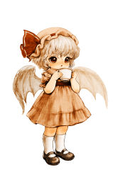 Rule 34 | 1girl, aged down, bat wings, brown dress, brown eyes, child, colored pencil (medium), cup, dress, full body, hat, hat ribbon, mary janes, mob cap, open mouth, puffy sleeves, remilia scarlet, ribbon, shoes, short sleeves, silver hair, simple background, solo, souri, standing, teacup, touhou, traditional media, white background, wings