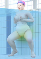 Rule 34 | 1girl, breast hold, breasts, feet, goggles, mature female, medium breasts, munio world, nipples, partially submerged, peeing, peeing underwater, plump, pool, solo, swimsuit, topless, water