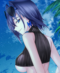 Rule 34 | 1girl, bare shoulders, bikini, blue eyes, bow, bow earrings, breasts, close-up, crop top, earrings, eyewear on head, from behind, hair intakes, highres, hololive, hololive english, jewelry, large breasts, looking at viewer, looking back, night, night sky, ouro kronii, ouro kronii (1st costume), parted lips, rebyo43, ribbon earrings, short hair, sideboob, sky, smirk, solo, star (sky), starry sky, sunglasses, swimsuit, upper body, virtual youtuber