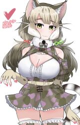 Rule 34 | 1girl, absurdres, animal ears, bare shoulders, belt, breasts, camouflage, cat ears, cat girl, cat tail, elbow gloves, extra ears, fingerless gloves, gloves, green eyes, grey hair, heart, highres, jacket, jungle cat (kemono friends), kemono friends, kemono friends v project, kneehighs, large breasts, long hair, looking at viewer, microphone, nanoder, ribbon, shirt, simple background, skirt, socks, solo, tail, twintails, virtual youtuber