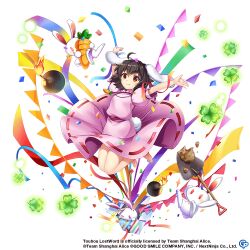 Rule 34 | 1girl, ahoge, animal ears, barefoot, bomb, carrot, closed mouth, clover, confetti, copyright notice, dress, explosive, four-leaf clover, full body, game cg, inaba tewi, legs up, looking at viewer, pink dress, rabbit, rabbit ears, rabbit girl, rabbit tail, red eyes, ribbon-trimmed dress, rotte (1109), shovel, simple background, smile, solo, tail, third-party source, touhou, touhou lostword, white background