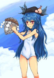 Rule 34 | 1girl, blue hair, carrying, cloud, covered navel, day, female focus, food, fruit, hat, hinanawi tenshi, keystone, leaf, long hair, navel, one-piece swimsuit, peach, red eyes, rock, rope, school swimsuit, shide, shimenawa, siu (hn495), sky, smile, solo, swimsuit, touhou, white school swimsuit, white one-piece swimsuit