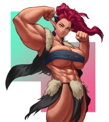 Rule 34 | 1girl, abs, absurdres, biceps, flexing, highres, horns, looking at viewer, muscular, muscular female, pointy ears, ponytail, purple hair, sotcho, torn clothes, yellow eyes