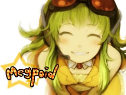 Rule 34 | 1girl, character name, closed eyes, female focus, goggles, green hair, gumi, headphones, headset, oharu, smile, solo, vocaloid, white background, wing collar