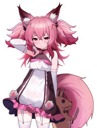 Rule 34 | 1girl, absurdres, adapted costume, animal ear fluff, animal ears, arknights, arm up, blush, closed mouth, ddddecade, doll, dress, flower, fox ears, fox tail, frilled dress, frills, garter straps, gloves, hand in own hair, heart, heart-shaped pupils, highres, holding, holding doll, long hair, looking at viewer, morti (arknights), multicolored clothes, multicolored dress, multicolored hair, pink eyes, pink flower, pink hair, pink rose, pointy ears, rose, shamare (arknights), sleeveless, sleeveless dress, solo, symbol-shaped pupils, tail, thighhighs, two-tone hair, white gloves, white thighhighs, zettai ryouiki