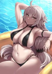 Rule 34 | 1girl, ahoge, arm behind head, armband, armpits, bare shoulders, bikini, black bikini, blush, braid, breasts, cleavage, closed mouth, collarbone, fate/grand order, fate (series), hair between eyes, heroic spirit festival outfit, highres, jeanne d&#039;arc (fate), jeanne d&#039;arc alter (fate), jeanne d&#039;arc alter (festival outfit) (fate), large breasts, long hair, looking at viewer, low-tied long hair, moisture (chichi), navel, o-ring, official alternate costume, plump, silver hair, sitting, skindentation, solo, swimsuit, thighs, very long hair, water, yellow eyes