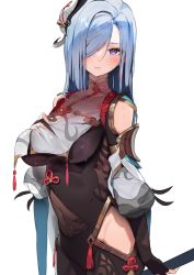 Rule 34 | 1girl, absurdres, black gloves, blue eyes, blush, bodysuit, braid, breasts, brown bodysuit, clothing cutout, covered navel, elbow gloves, genshin impact, gloves, hair ornament, hair over one eye, highres, hip vent, large breasts, long hair, long sleeves, looking at viewer, low-braided long hair, low-tied long hair, partially fingerless gloves, polearm, pomesaurus, puffy long sleeves, puffy sleeves, revision, shenhe (genshin impact), shoulder cutout, solo, spear, tabard, tassel, very long hair, weapon, wet, wet clothes, white hair