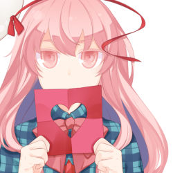Rule 34 | 1girl, bad id, bad pixiv id, blank stare, bow, colored eyelashes, confession, expressionless, hata no kokoro, heart, long hair, looking at viewer, mask, mask on head, pink eyes, pink hair, plaid, plaid shirt, rainx0z, shirt, solo, touhou